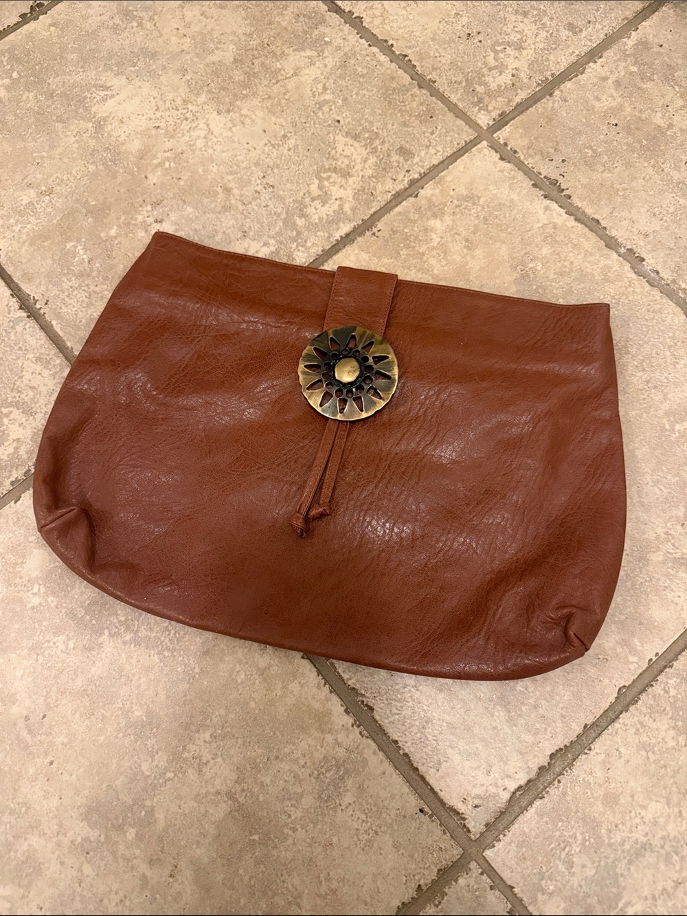 Vintage Max & Co. Brown Leather Clutch with Decorative Medallion